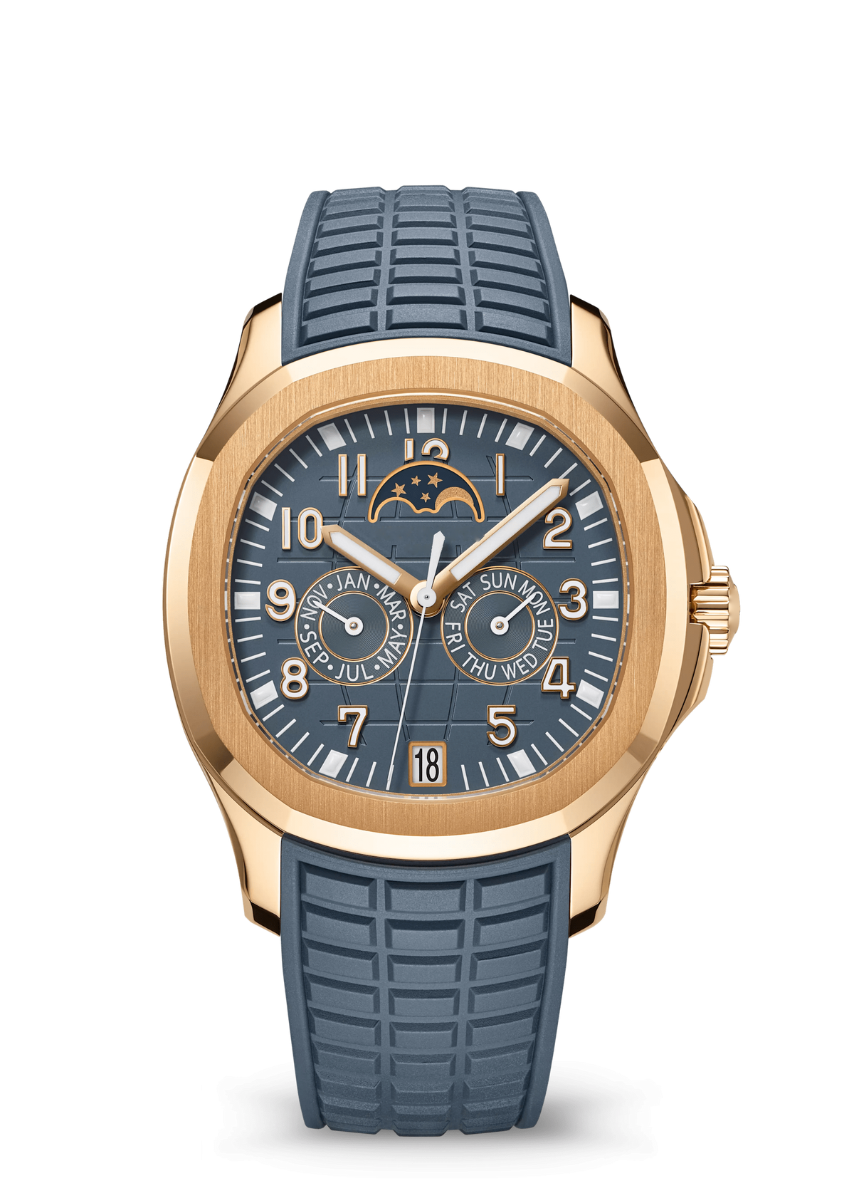 Slate Blue Moonphase Watch with Gold Tone Case and Ridged Strap