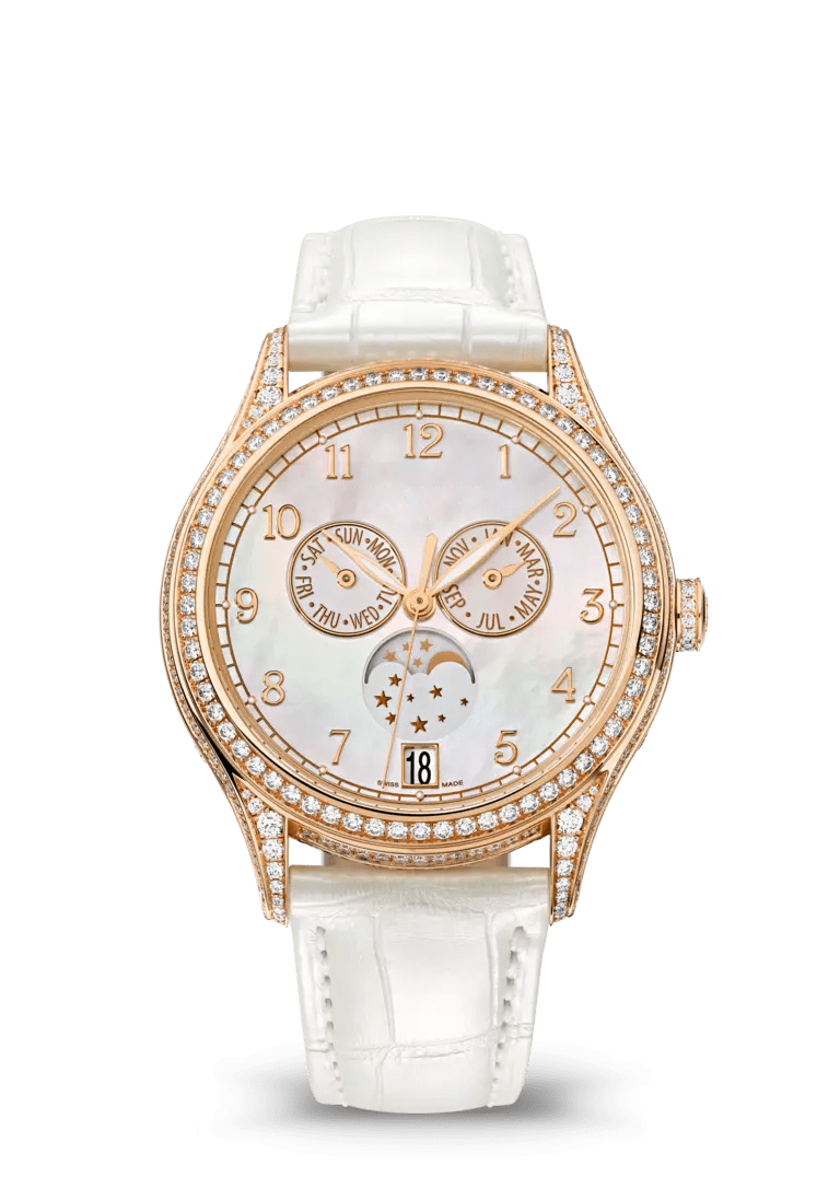 White Moonphase Watch with Rose Gold Tone Crystal Bezel