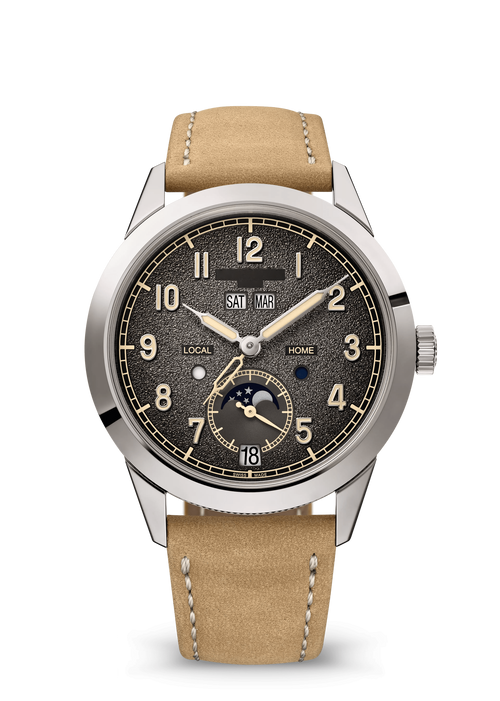 Black Textured Calendar Watch with Sand-Colored Strap