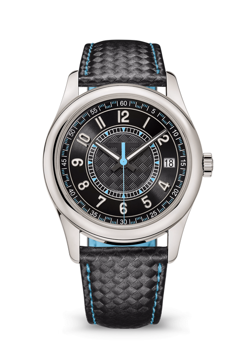 Black Textured Watch with Blue Accents and Woven Strap