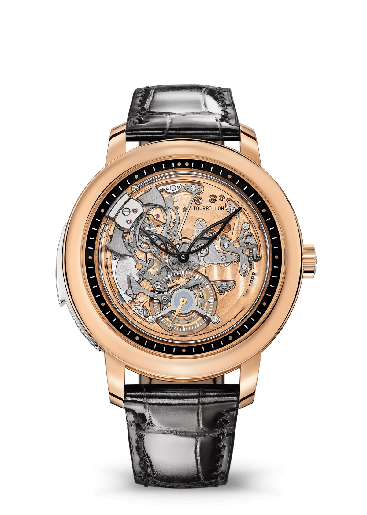 Openworked Dial Watch with Rose Gold Tone Case and Black Strap