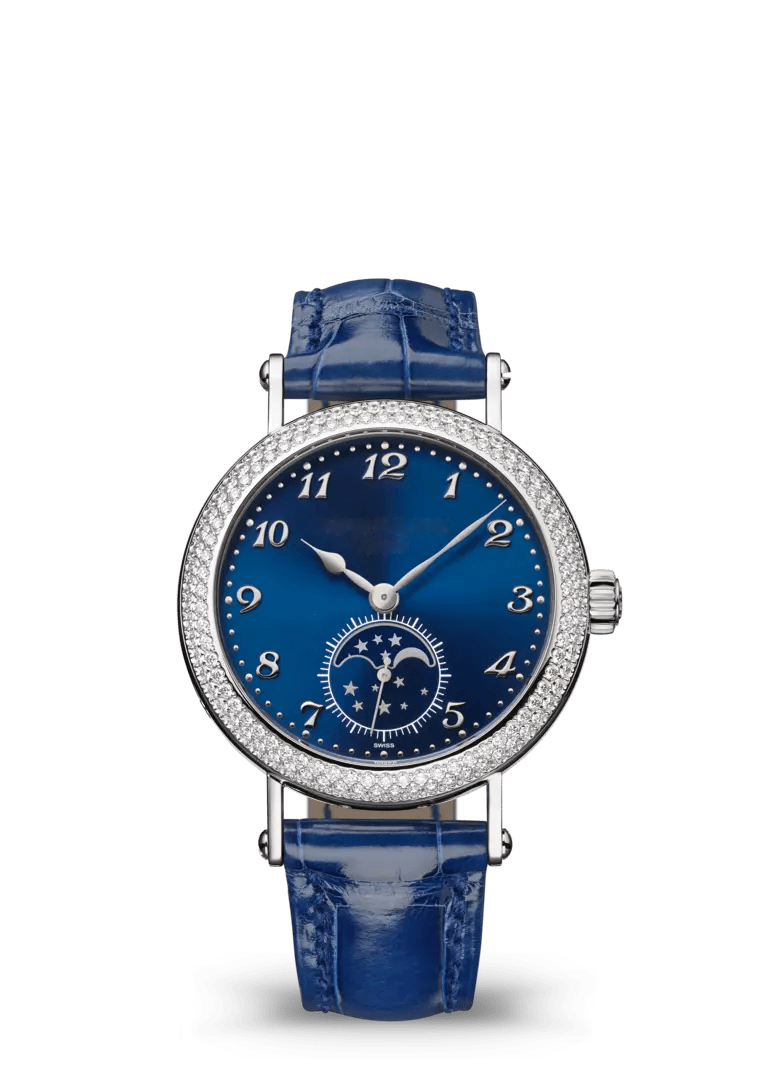 Royal Blue Moonphase Watch with Silver Tone Crystal Bezel