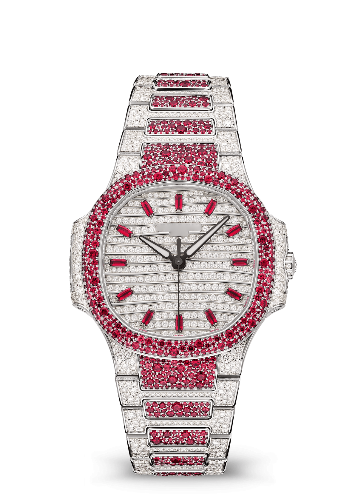 Silver Tone Crystal Watch with Red Stone Accents